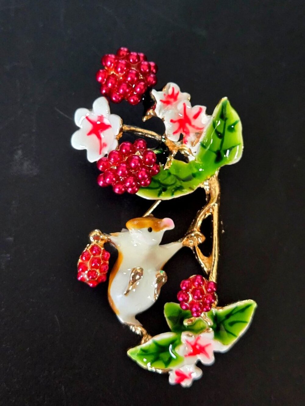 Mouse & Berry Enamel Floral Brooch Pin With Gold-Tone 2.5"